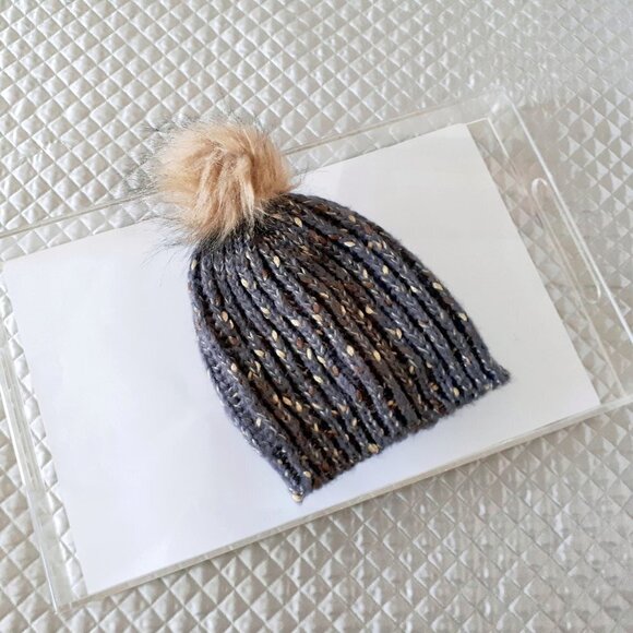 Grey & metallic thread knit pom pom beanie hat - Picture 4 of 5
